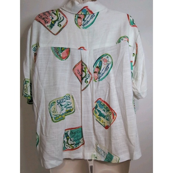 Jane + Delancey Canned Sardine Print Women's Button Up Shirt Blend Linen Size M - Picture 7 of 12